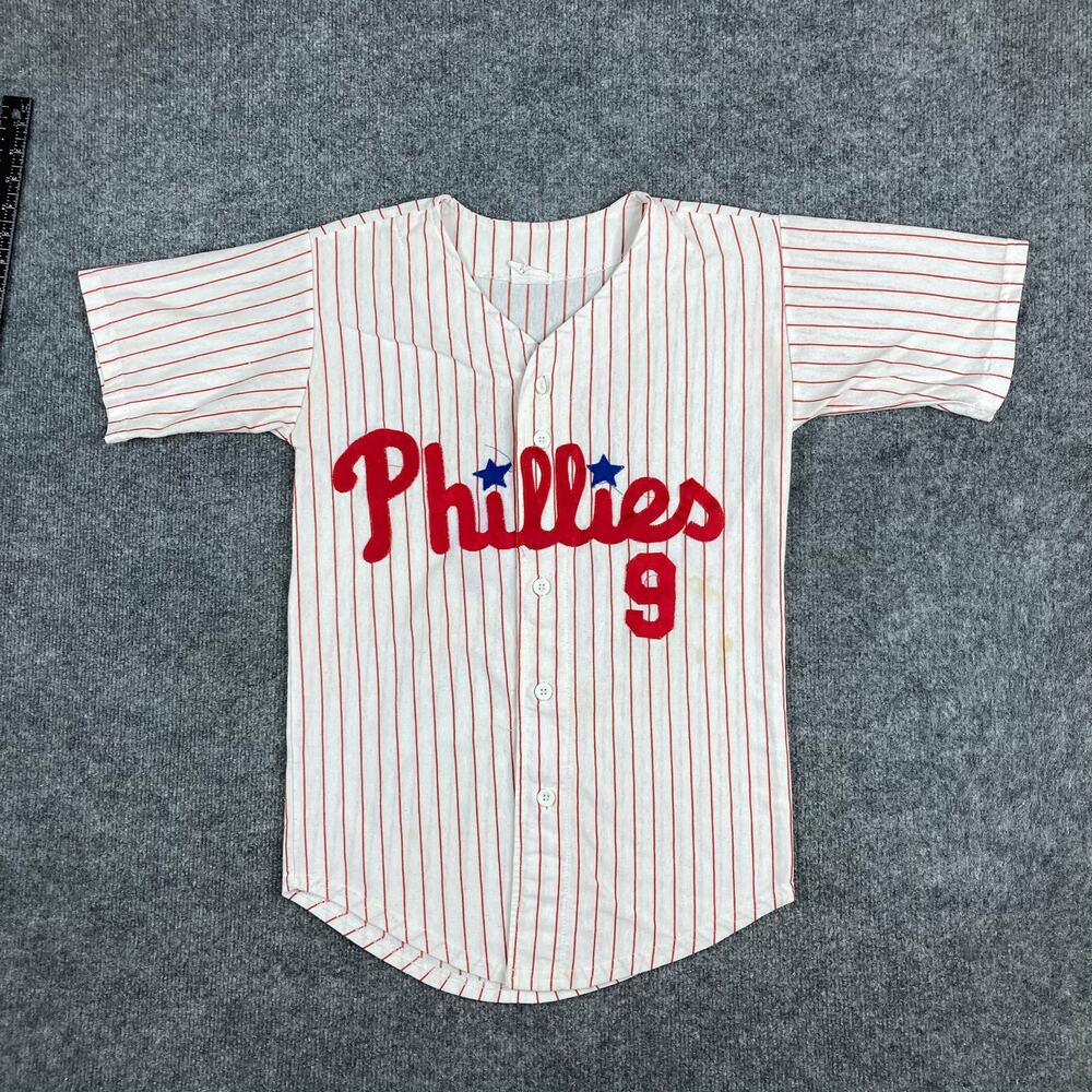 Phillies Jersey‎ Kids Size L White Red Pinstripe Button Up Throwback Baseball